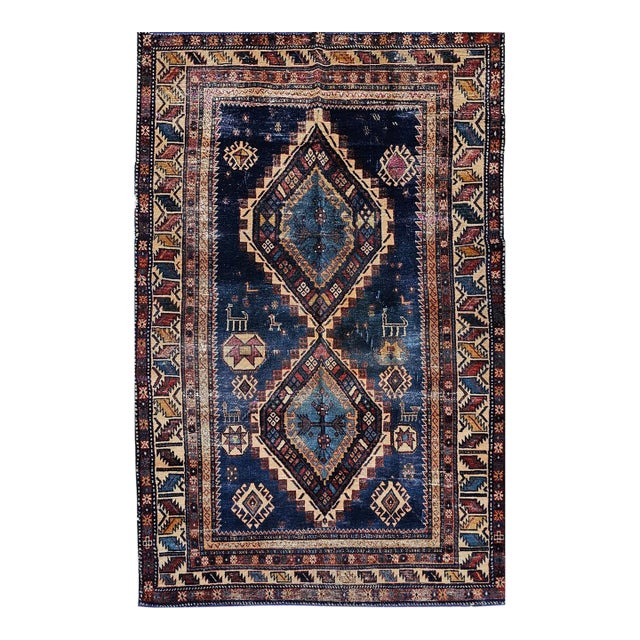 19th Century Caucasian Kazak Area Rug, Hand-Knotted Wool, Blue & Ivory, 4' x 6' For Sale
