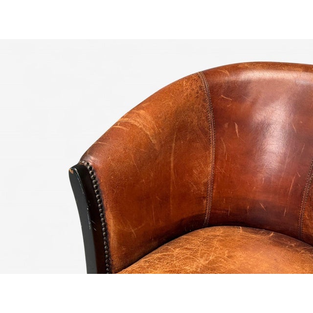 1960s Georgian Style, Distressed Brown Leather, Stained Wood, Tub Chair, Usa, 1960s For Sale - Image 5 of 9
