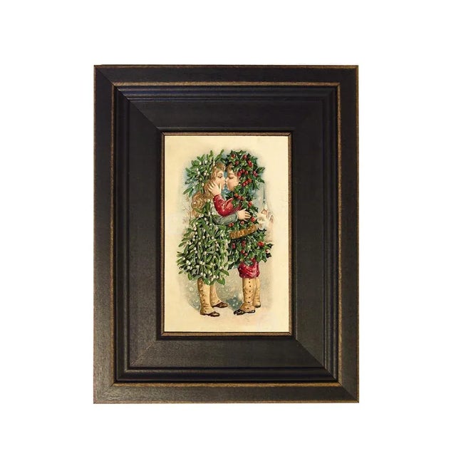 Victorian Mistletoe and Holly Christmas Painting Print Reproduction on Canvas in Distressed Black Solid Wood Frame For Sale - Image 3 of 3