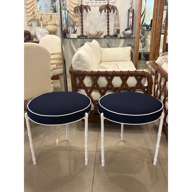 Brown Jordan Pair Vintage Restored Faux Bamboo Metal Stools Benches Sunbrella Patio Outdoor For Sale - Image 4 of 12