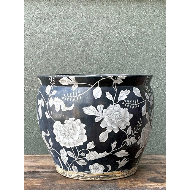 Black Vintage Printed Floral Ceramic Planter For Sale - Image 8 of 12