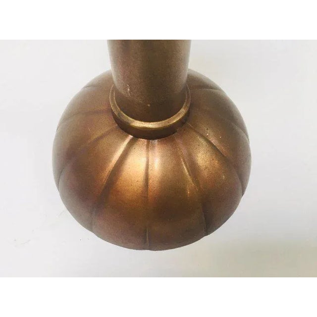 Mid-Century Modern Large Brass Japanese Candlesticks on a Round Scalloped Base and Top For Sale - Image 3 of 13