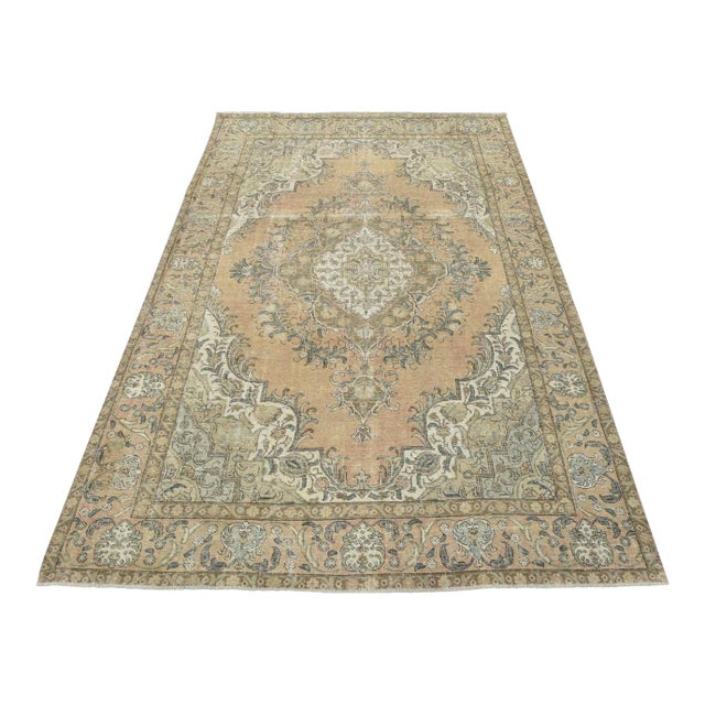 Tabriz Rug 7’9” X 10’8” Pink Wool Vintage Distressed Hand-Knotted Carpet For Sale