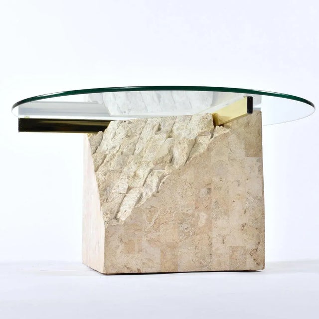 Round Glass Topped Tessellated Stone Brass Cantilever Coffee Table or Side Table For Sale - Image 9 of 15