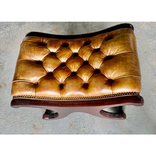 Cora 1920 English Mahogany Chesterfield Leather Stool For Sale - Image 11 of 11