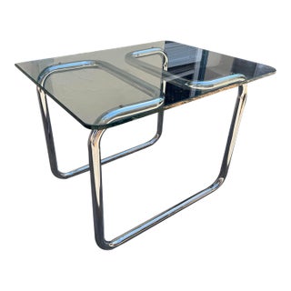 1970s Vintage Mid-Century Modern Chrome Tubular Glass Top Side Table For Sale
