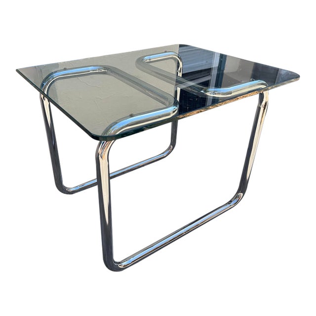 1970s Vintage Mid-Century Modern Chrome Tubular Glass Top Side Table For Sale