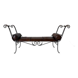 Vintage Rustic Wrought Iron & Leather Scroll Bench For Sale