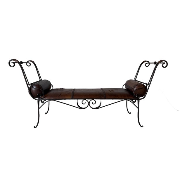 Vintage Rustic Wrought Iron & Leather Scroll Bench For Sale