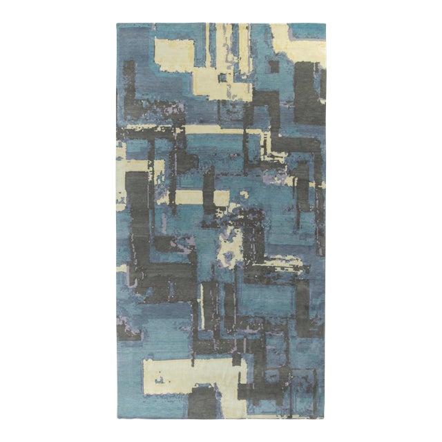 Rug & Kilim’s Deco Style Modern Rug in Blue, Black Geometric Pattern For Sale