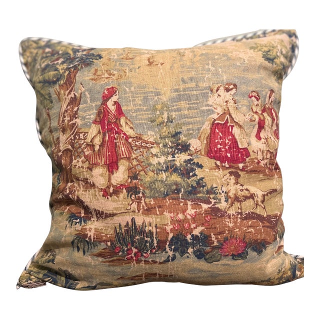 Upcycled Fabric Pillow Cover Pastoral Toile With Mattress Ticking For Sale