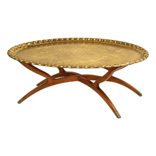 Vintage Moroccan Brass Tray Top Table With Folding Spider-Leg Base For Sale