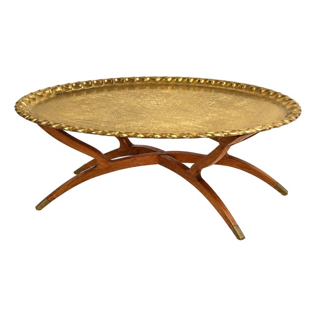 Vintage Moroccan Brass Tray Top Table With Folding Spider-Leg Base For Sale