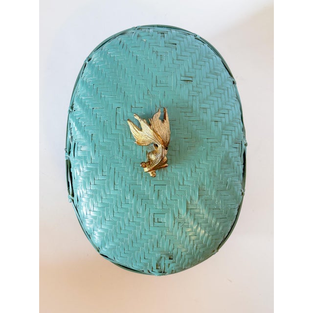 1980s Vintage Lacquered Teal Woven Box With Brass Koi Fish Finial Knob For Sale - Image 5 of 10