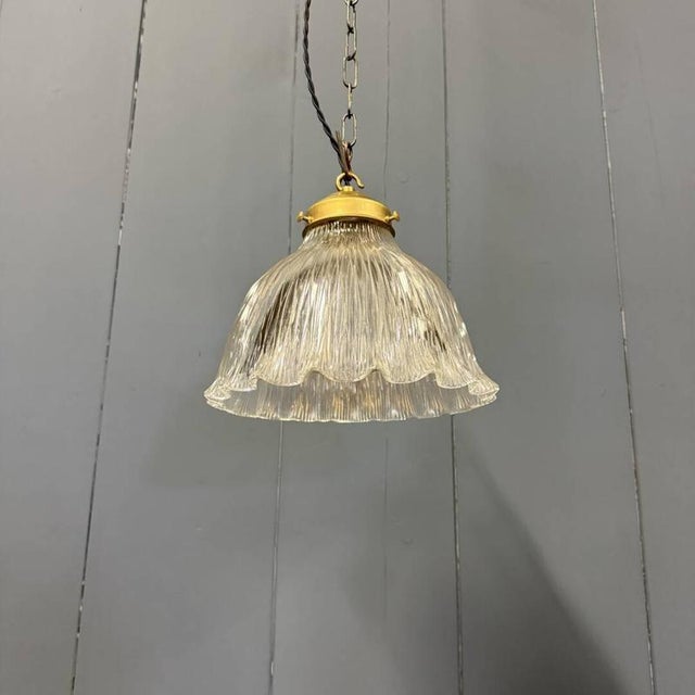 Metal Pressed Glass Pendant Lamp with Brass Fixture from Holophane, 1930s For Sale - Image 7 of 15