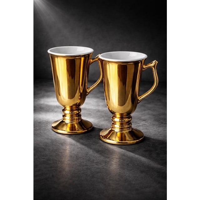 A striking pair of vintage Hall China gold luster pedestal coffee mugs, model 1273, made in the USA. With their elegant...