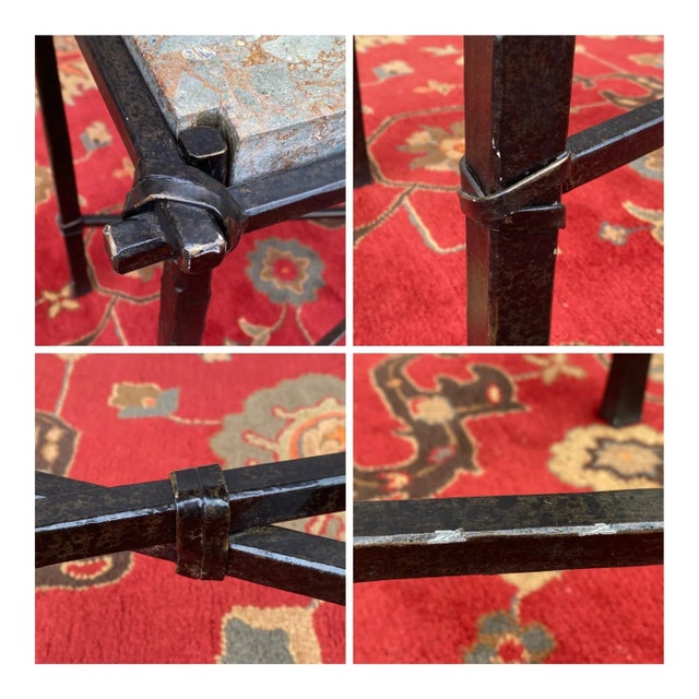 Contemporary Wrought Iron Tessellated Marble Top Console Table With X Stretcher For Sale - Image 12 of 13