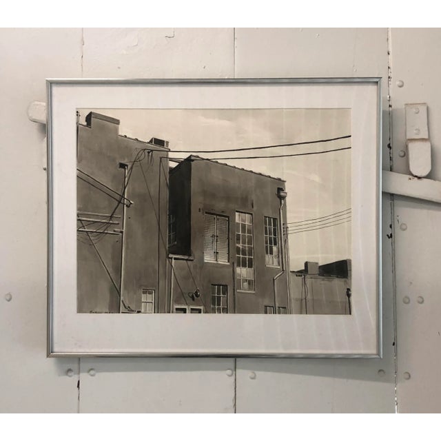 1989 Jeffrey E. Babine City Industrial Building Original Ink Wash Drawing Signed Framed For Sale - Image 10 of 10