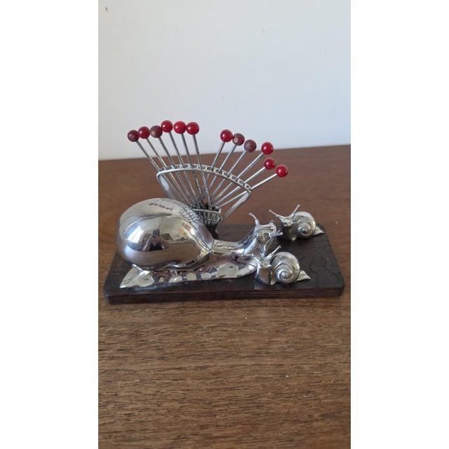 Vintage Snail Cocktail Pick Holder Mid Century Barware Chrome Snail Toothpick Holder Atomic Era Martini Olive Picks For Sale - Image 9 of 9