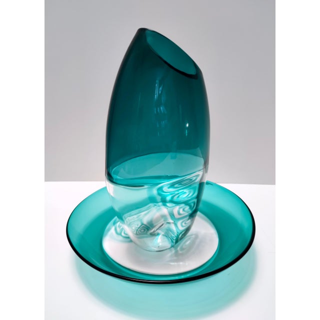 1980s Postmodern Teal and Clear Murano Glass Plate from La Murrina, Italy, 1980s For Sale - Image 5 of 9