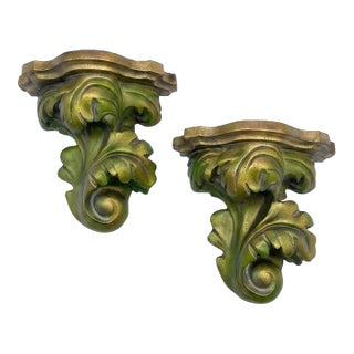 Vintage Palm Beach Regency Bespoke Parcel Gilt Antiquated Palm Bronze Brackets by Turtle and Crane -a Pair Newly Painted For Sale