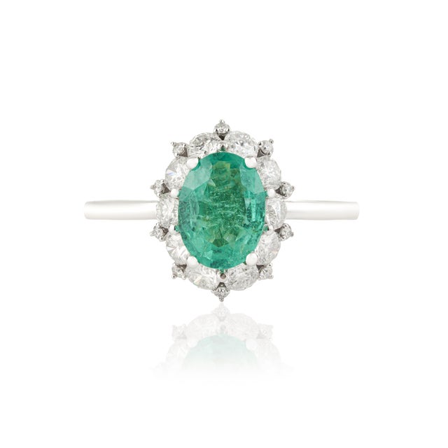 14k Gold Statement Oval Emerald & Diamond Cluster Engagement Ring Size 5.5 For Sale - Image 4 of 15