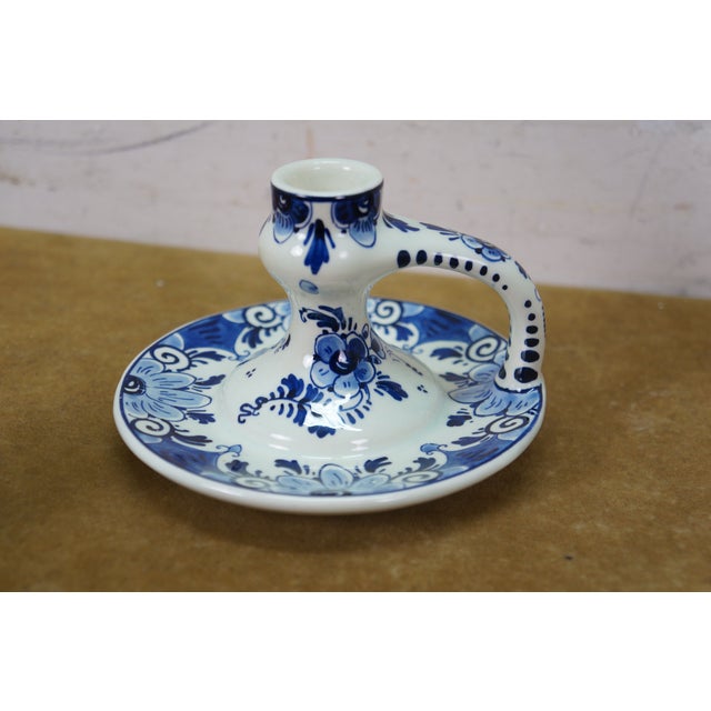 Dutch Delft Blue Floral Chamberstick Candle Holders & Windmill Butler Service Bell For Sale - Image 12 of 17