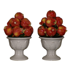 Pair European Country Italian Ceramic Pomegranate Topiary Centerpieces Festive Holiday Sculptures