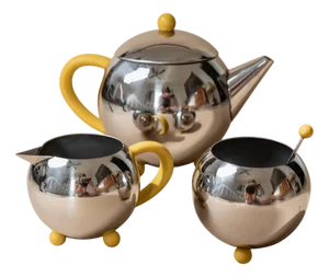 Vintage Space Age Spherical Tea or Coffee Service in Stainless Steel with Yellow Details, 1980s, Set of 3
