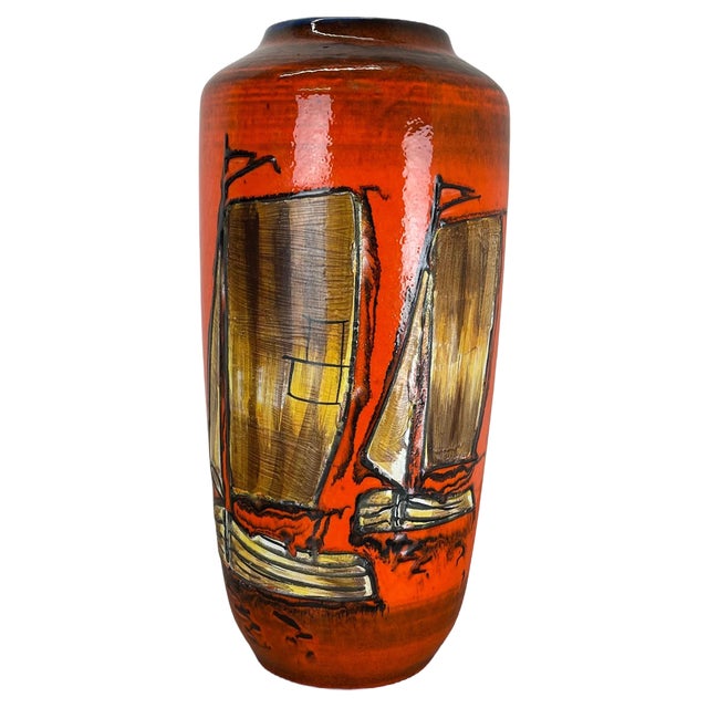 Large Fat Lava Multi-Color Sailing Boats Floor Vase from Scheurich, 1970s For Sale
