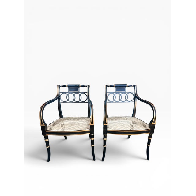 Hollywood Regency Pair of Baker Furniture “Governor Alston” Regency Black & Gilt Caned Armchairs For Sale - Image 3 of 14