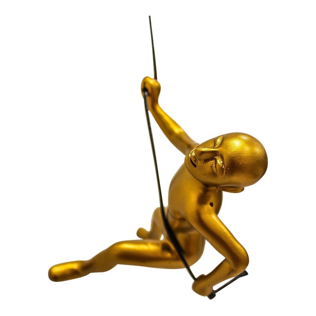 Gold Position Climbing Man Durable Polyresin 3d Hanging Wall Art Sculpture with Leathered Rope and Hanging Hardware by Eladitems For Sale