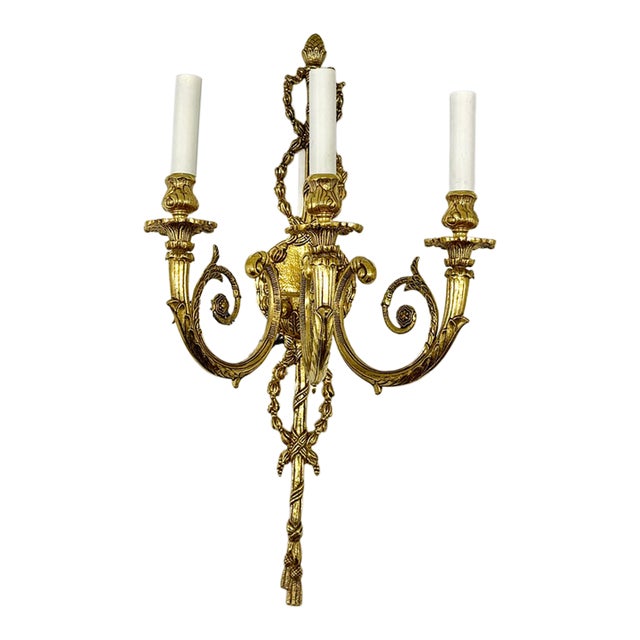 1990s Louis XVI Style 3-Light Gilt Brass Wall Sconce - Ribbon and Tassel For Sale