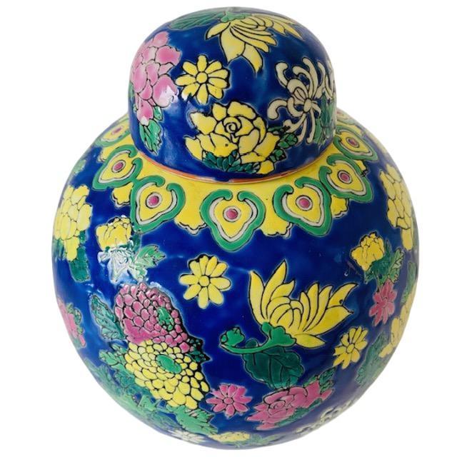 Mid-century vintage large oriental ginger jar, a large, colourfully decorated polychrome ceramic with lid, dating from the...