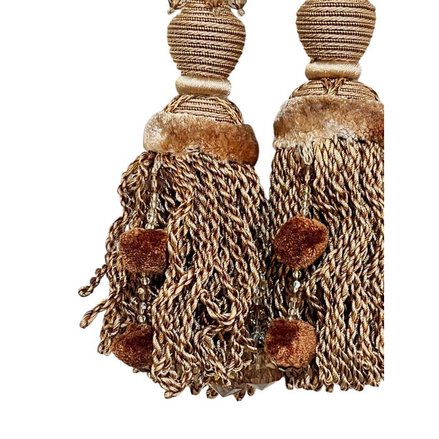 French Pair French Passementerie Key Tassels Light Bronze Beaded For Sale - Image 3 of 4