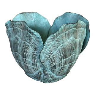 1980’s Coastal Brass Verdigris Scalloped Shell Planter Cache Pot For Sale