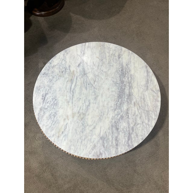 2020s Four Hands Round Oak “Leland” Coffee Table With White Marble Top For Sale - Image 5 of 9