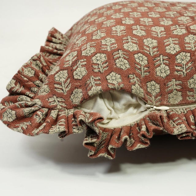 Fabdivine Handcrafted Block Print Frill Cushion Cover Rust 12x20 Inch Thick Linen- Tulsi Buti For Sale - Image 4 of 5
