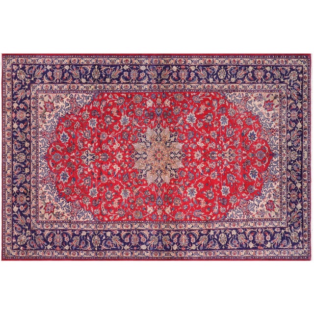 Retro Persian Kashan Red/Blue Wool Rug - 9'9'' X 15'11'' For Sale - Image 9 of 10