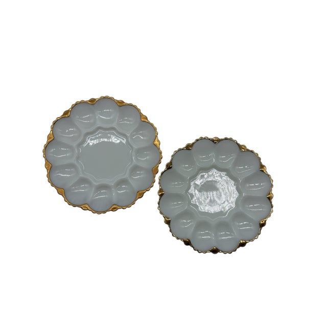 Mid-Century Modern Mid 20th Century Mid-Century Anchor Hocking Fire King Milk Glass 22kt Gold Trim Egg Plate - a Pair For Sale - Image 3 of 10