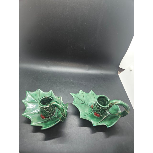 Mid-Century Modern Pair of Vintage Holly Leaf Christmas Candlestick Holders For Sale - Image 3 of 3