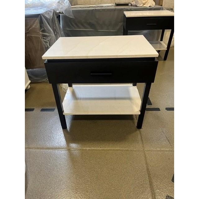 Wood Custom Oak Espresso Nightstands With Limestone Top & Shelf – Modern Organic Bedside Tables For Sale - Image 7 of 10