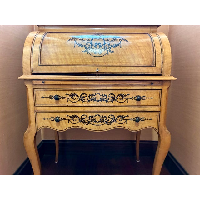 Wood French Restoration Burled Walnut Secretary Desk, C. 1830 — Roll-Top & Inlay For Sale - Image 7 of 12