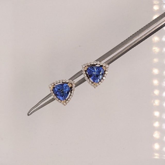 Modern Tanzanite Diamond Halo Stud Earrings: Solid 14k Dual Tone Gold, Trillion Cut, Pair For Sale - Image 3 of 8