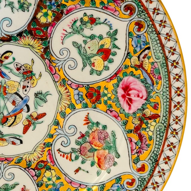 Chinoiserie Mid 20th Century Famille Rose Canton Porcelain Plate With Lotus Medallions & Butterflies For Sale - Image 3 of 5