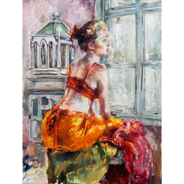 The painting "Out There" captures a moment of introspection, featuring a figure seated by a window, gazing outward. The...