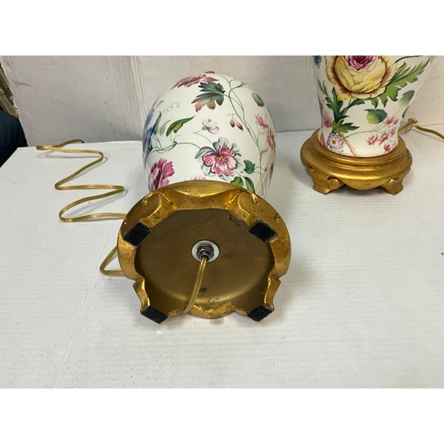 Asian Porcelain Ginger Jar Form Hand Painted Floral / Botanical Table Lamps Att. Chelsea House - Pair For Sale - Image 3 of 6