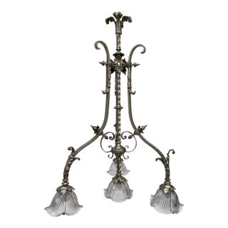 Antique Late 19th Century French Ornate Silver 4 Light Chandelier With Glass Shades Stamped "P B" For Sale