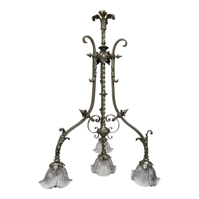 Antique Late 19th Century French Ornate Silver 4 Light Chandelier With Glass Shades Stamped "P B" For Sale