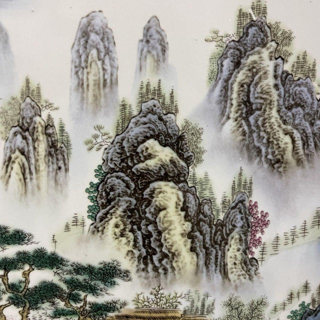 Large Vintage Hardwood Table Screen, Painted Porcelain Jiangnan Scene For Sale - Image 9 of 10